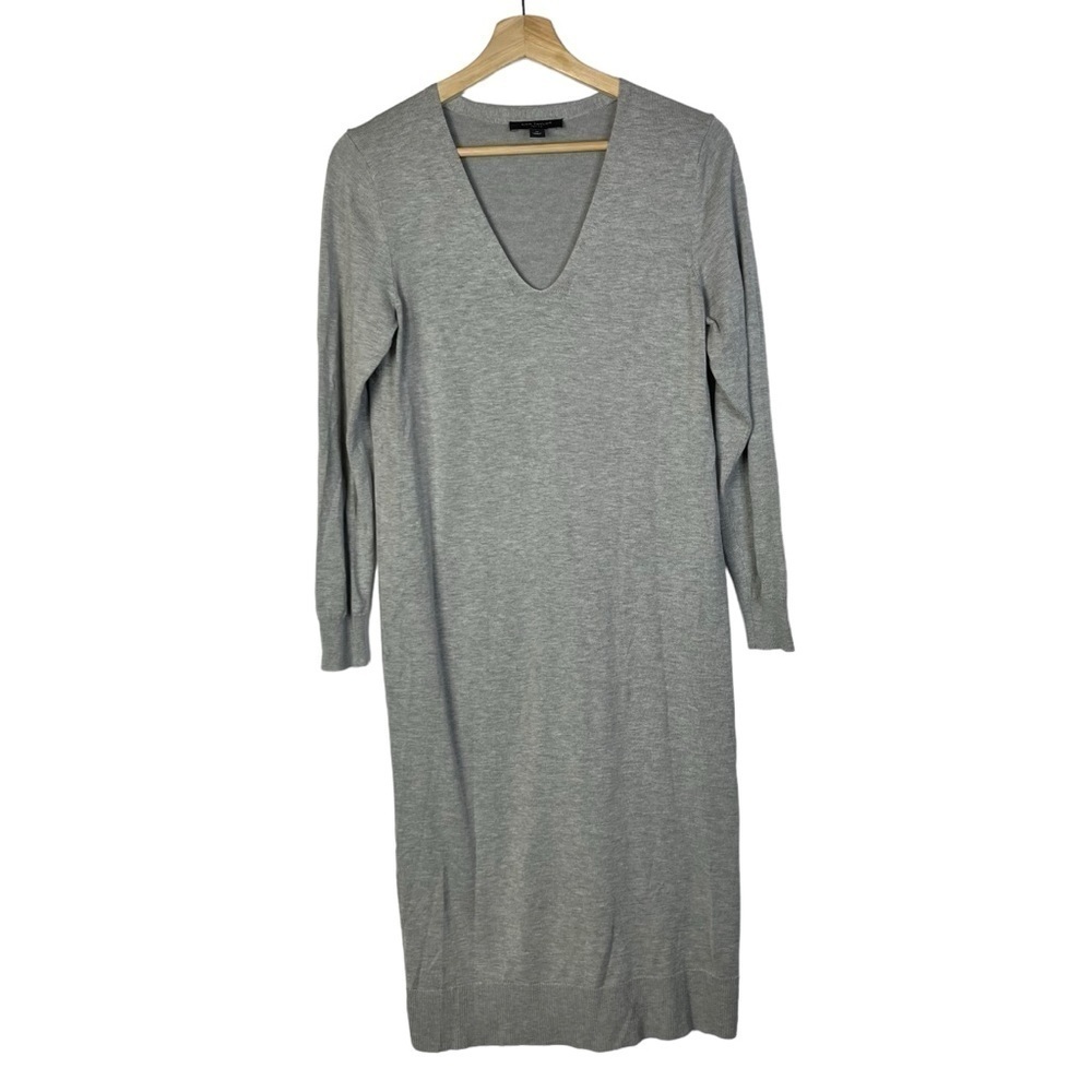 Ann‎ Taylor Petite Light Gray V-Neck Silk Blend Midi Sweater Dress MP